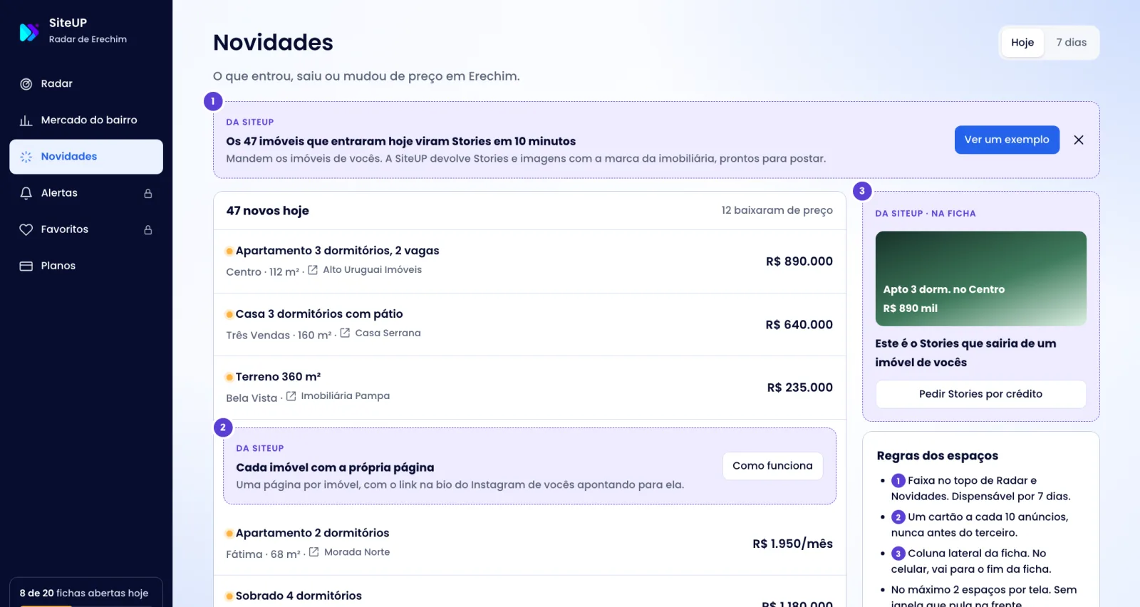 Tela de novidades com os anúncios que entraram hoje